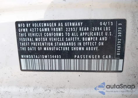 2013 Volkswagen Golf 2.5L 4-Door z USA, uszkodzony, nr VIN WVWDB7AJ1DW134403